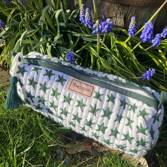 Green Star Quilted Zipper Pencil Case
