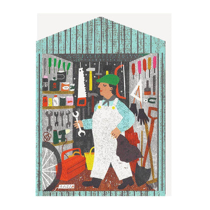 Guy in Shed Cut Out Card