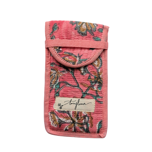 Pink Floral Flower Block Print Quilted Cotton Glasses Case