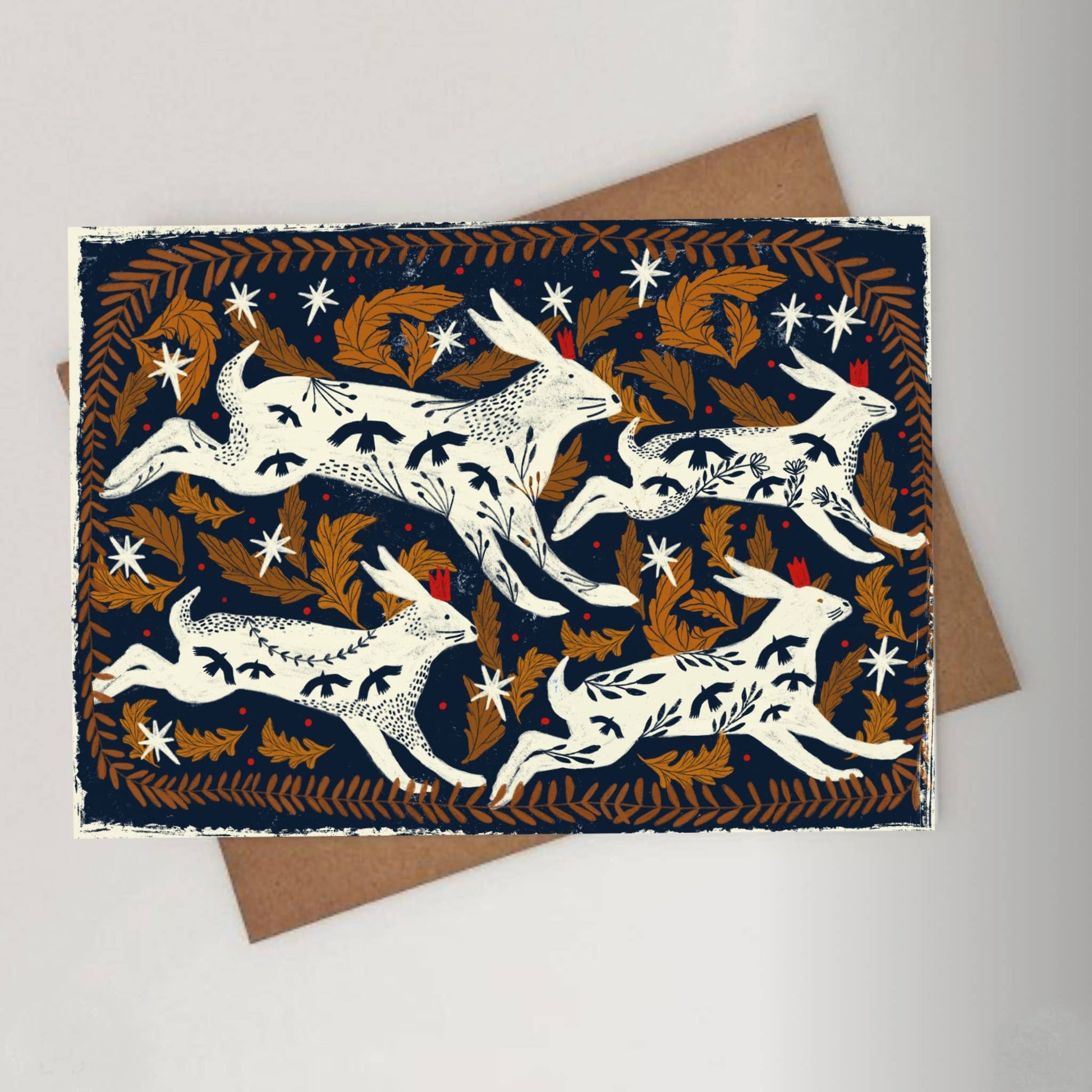 Running Hares Greeting Card | Artist Blank Greeting Card by Carole Hillman. Made and printed in the UK. 100% plastic free.