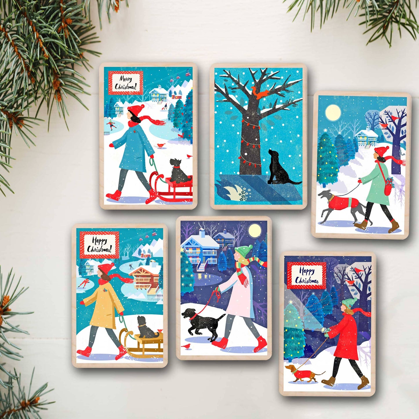 Happy Christmas Dog Walker Wooden Postcard |Stocking Filler