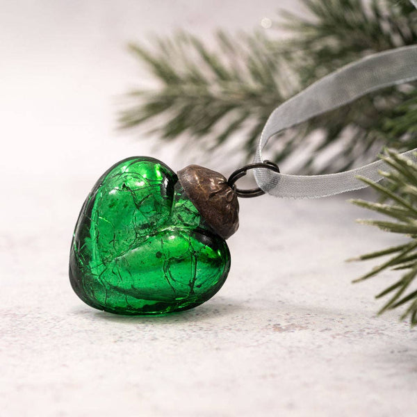 Set of 6 Small 1" Emerald Crackle Glass Hearts