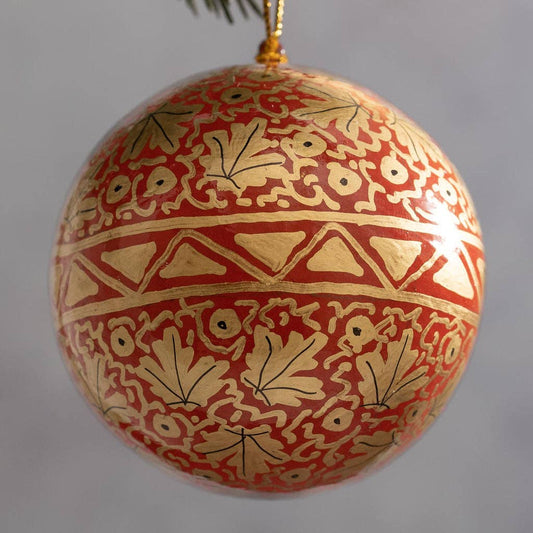 Red & Gold Paper Mâché Bauble - 3”