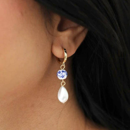 Blue Willow and Pearl Drop Earrings