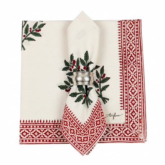 Christmas Holly Floral Block Printed Cotton Napkin Set of 2 - 50x50cm