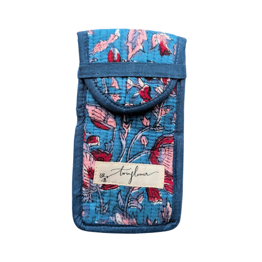 Blue & Red Floral Block Print Quilted Cotton Glasses Case