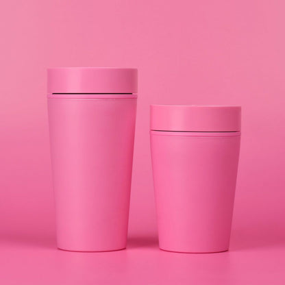 SW Coast Refills website picture: Circular&Co. Reusable Coffee Cup – Made From Bubblegum 12oz pictured with 8oz Coffee Cup 