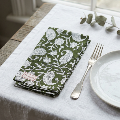 Olive & White Paisley Block Print Napkin Set of 4