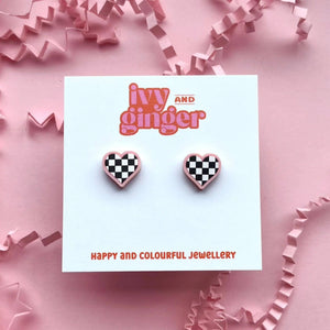 Pink Checkerboard Recycled Acrylic Heart Studs