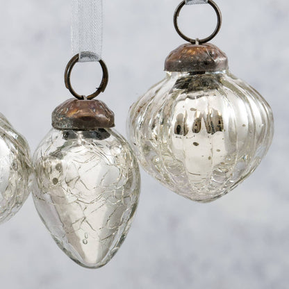 Set of 6 Small Mixed design 1" Silver Crackle Glass Baubles