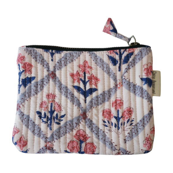 Floral Block Print Pouch - Pink & China Blue
