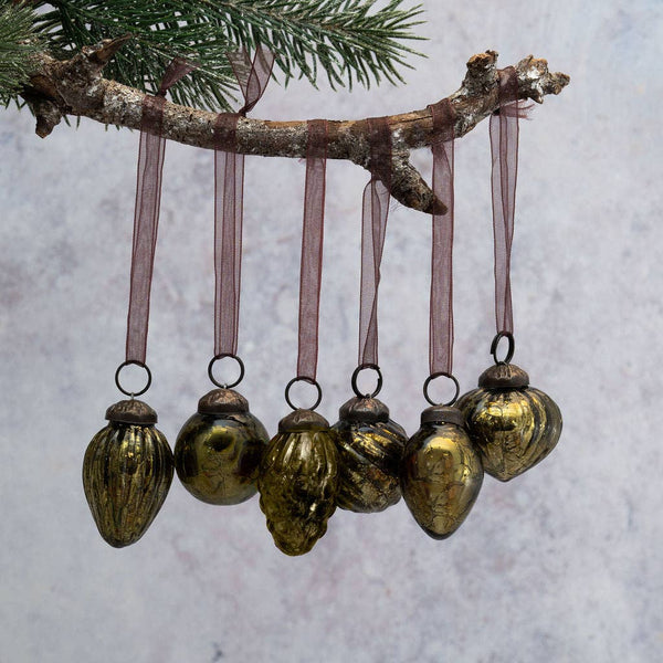 Set of 6 Small Mixed design 1" Olive Green Crackle Baubles