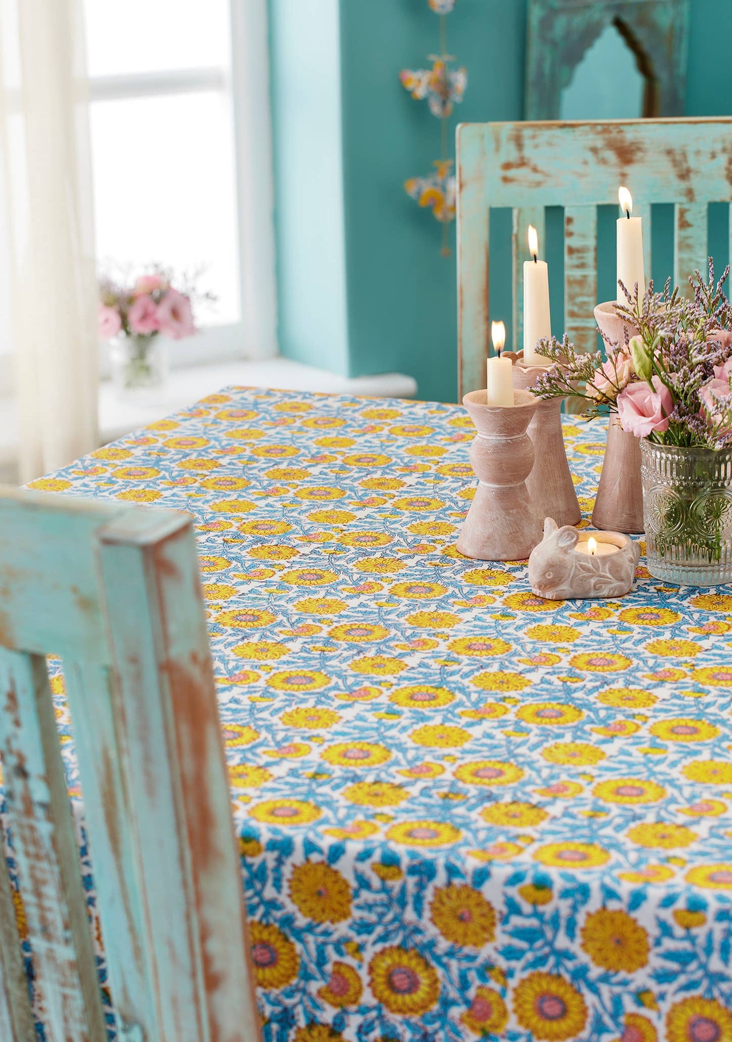 Sunflower Block Print Tablecloth