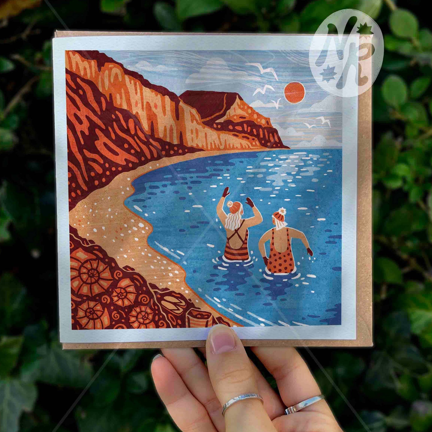 ‘Charmouth Chilly Dippers’ Dorset Linocut Art Card