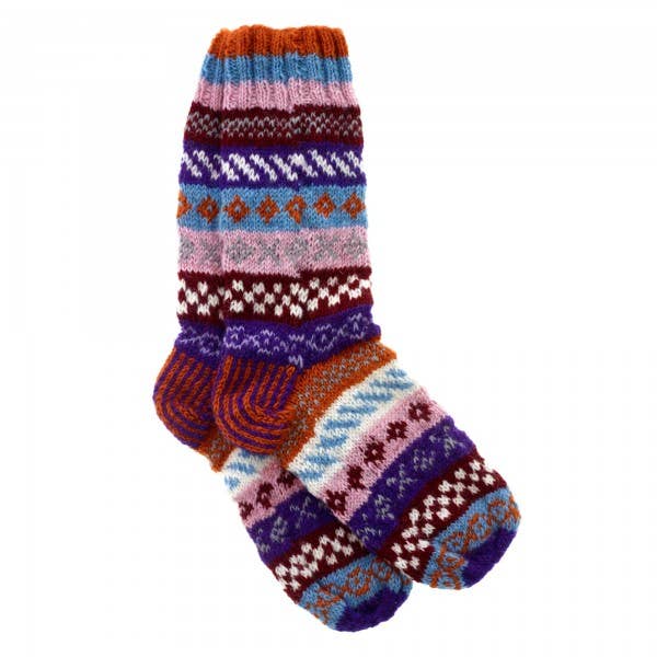 Woollen Fairisle Socks - Orange, Blue and Pink