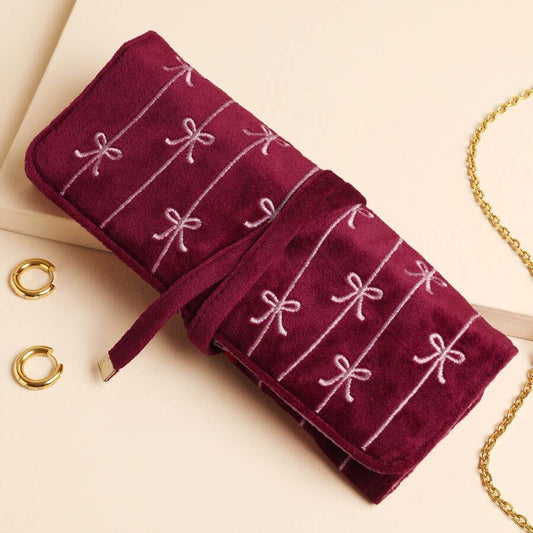 Burgundy Velvet Bow Embroidered Jewellery Roll