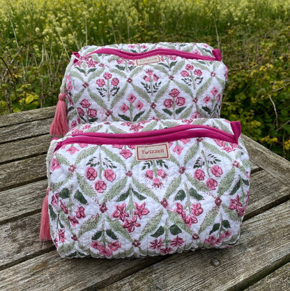 Quilted Wash Bag - Pink Flower with Green Trellis