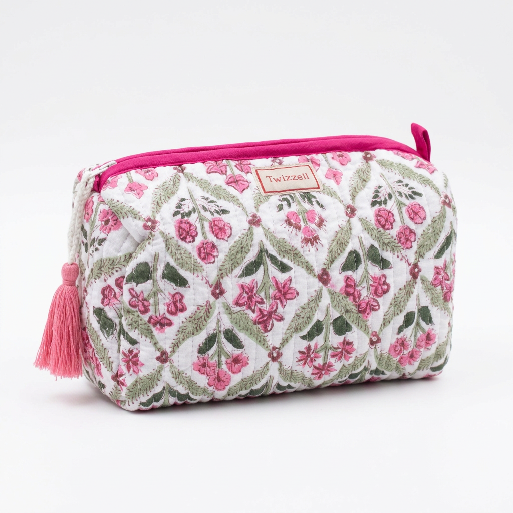 Quilted Wash Bag - Pink Flower with Green Trellis