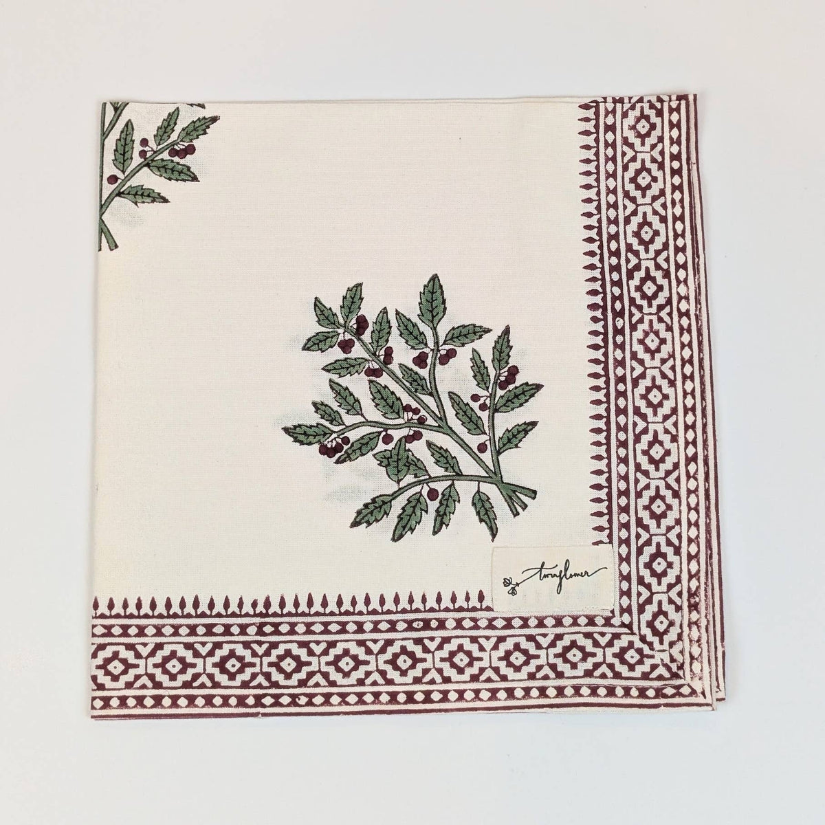 Christmas Holly Floral Block Printed Cotton Napkin Set of 2 - 50x50cm