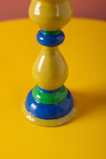 Olive & Blue Hand Painted Wooden Candle Holder