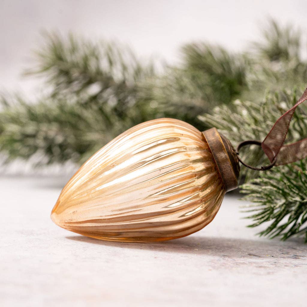 Set of 3 Medium Champagne Ribbed Glass Pinecone shaped Ornament