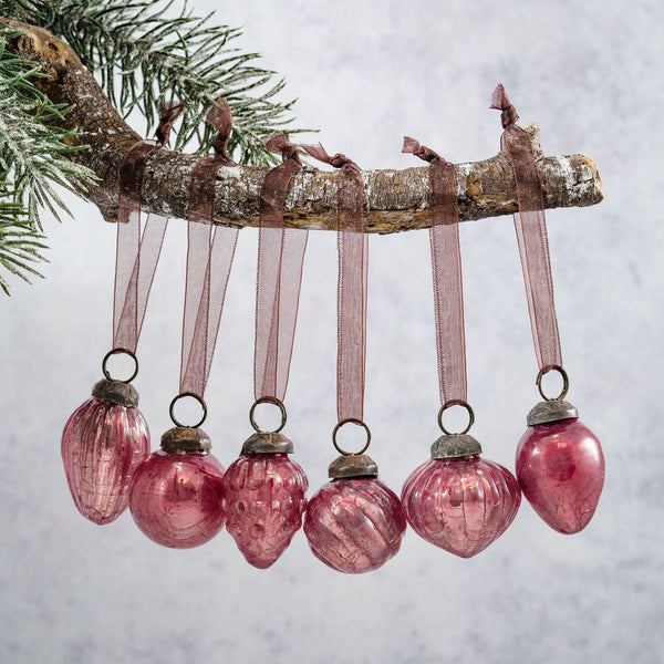Set of 6 Small Mixed design 1" Mauve Crackle Glass Baubles