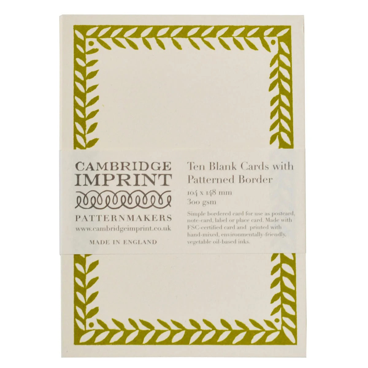 Pack of Cambridge Imprint blank cards with Bawden green border design on a white background