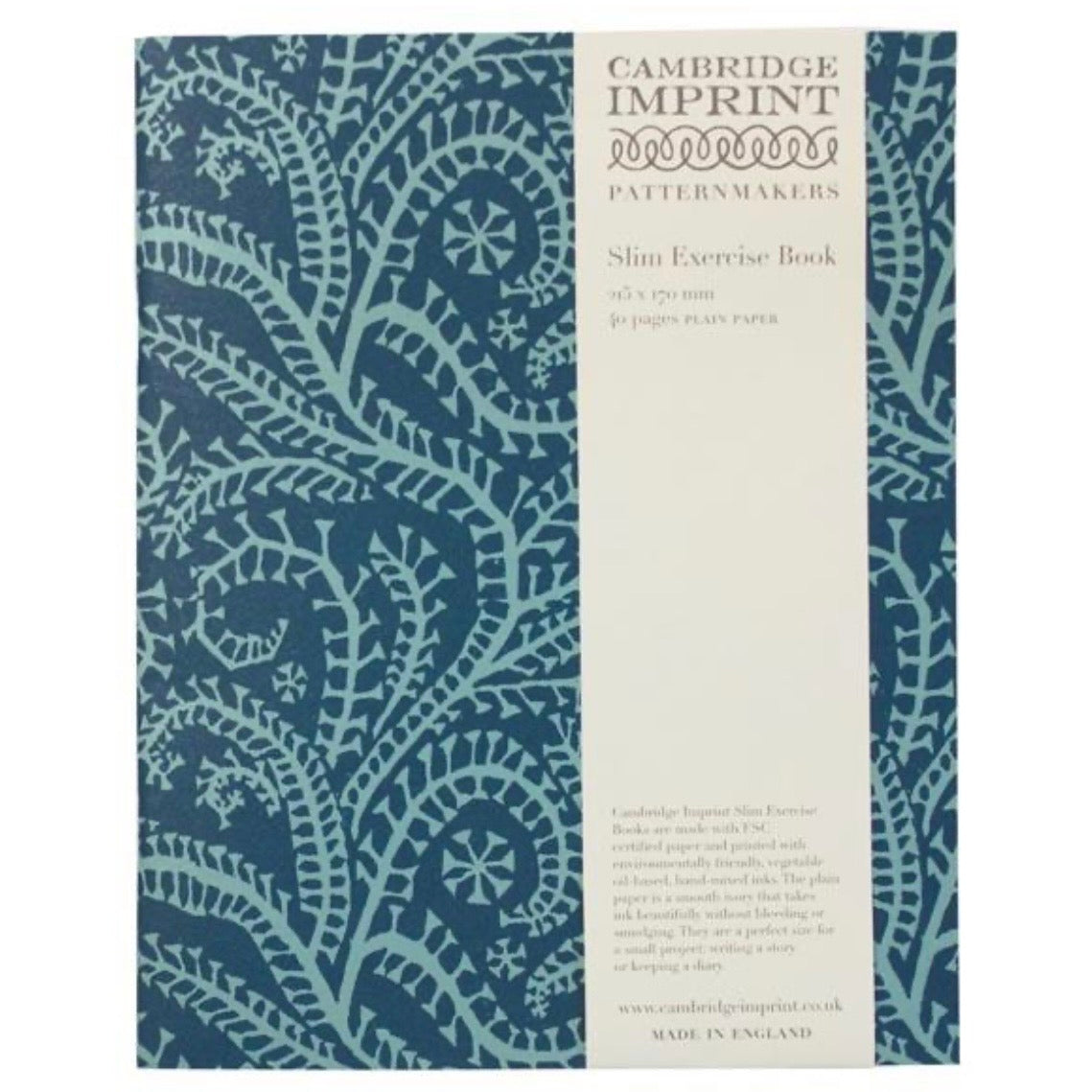Cambridge Imprint patterned exercise book with blue paisley seaweed design on a white background, available to purchase as part of the Cambridge Imprint range of stationery and notebooks at SW Coast.