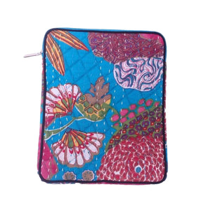 Zippable soft shell tablet or IPad case made from floral turquoise and pink cotton fabric embroidered in Kantha style