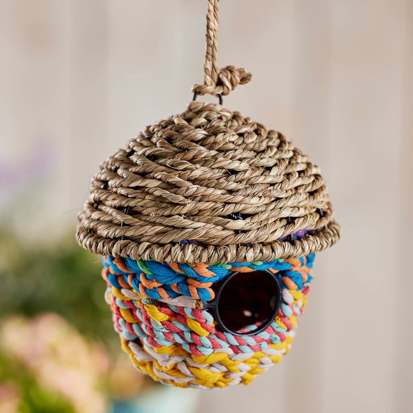 Acorn Shaped Grass & Recycled Sari Birdhouse