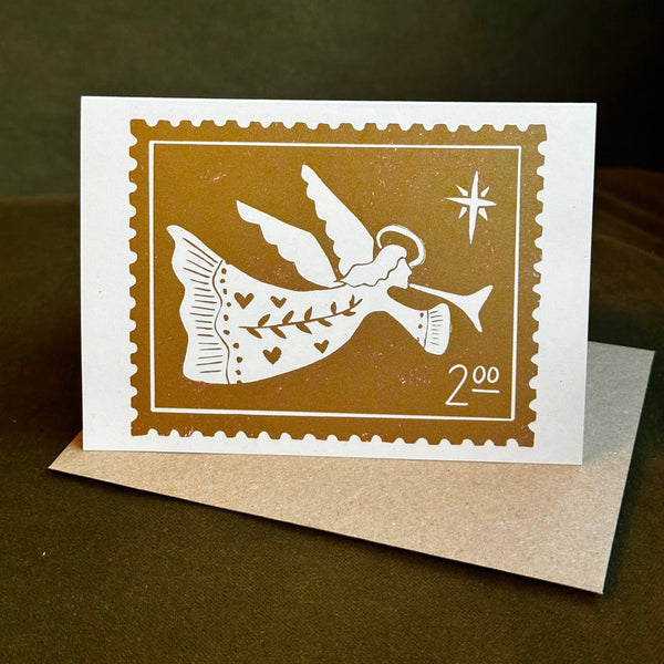 Vintage Angel Stamp Lino Christmas Card