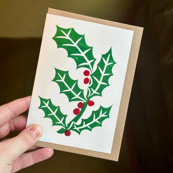 Holly Lino Christmas Card