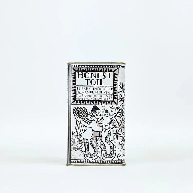 Olive oil tin of greek finest quality cold pressed olive oil from Honest Toil featuring the stunning monochrome artwork by Dóra Berczi.