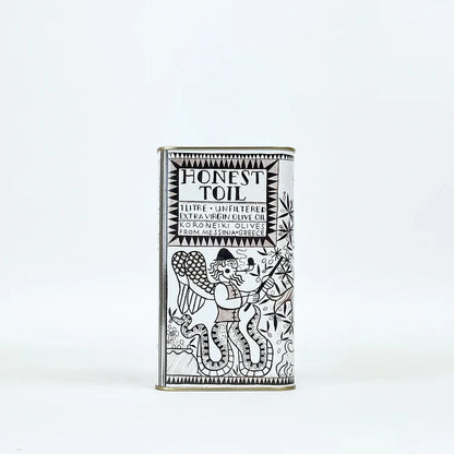 Olive oil tin of greek finest quality cold pressed olive oil from Honest Toil featuring the stunning monochrome artwork by Dóra Berczi.