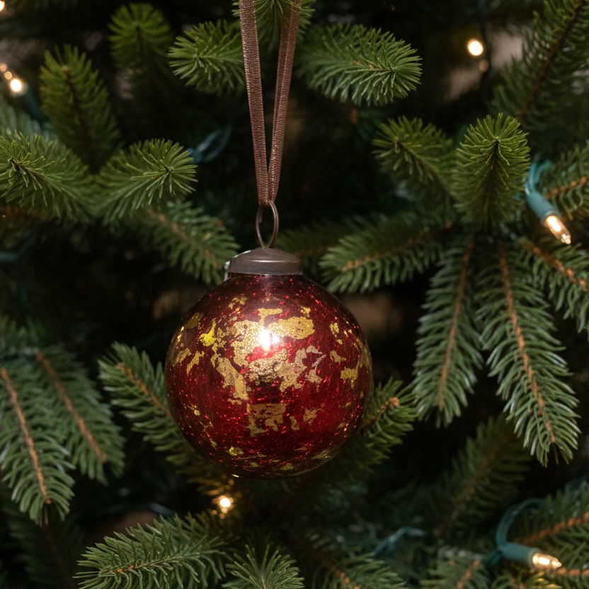 Berry Red & Gold Foil 3” Glass Baubles - Set of 6