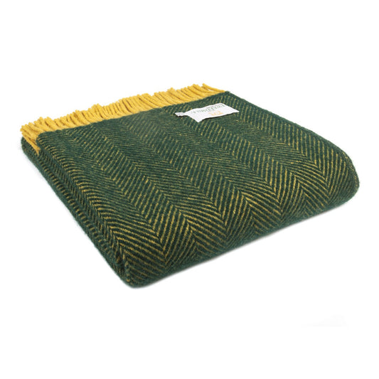Tweedmill Herringbone Emerald & Mustard Wool Knee Blanket