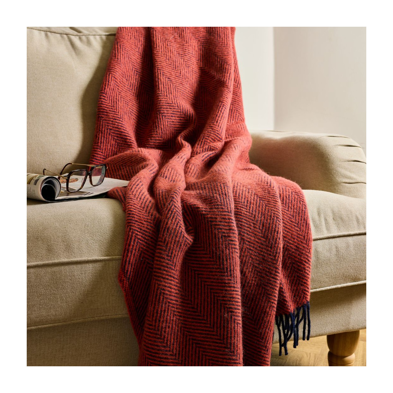 Tweedmill Herringbone Navy & Flamingo Wool Knee Blanket