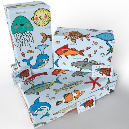 Children’s Vegan Wrapping Paper 100% Recycled - Cavallini Fishes
