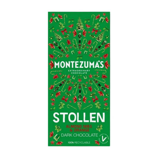 Montezuma’s Stollen Dark Chocolate Bar with Almond & Orange wrapped in a bright festive green with red seasonal decorative motif.
