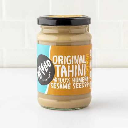 Yumello Original Smooth Tahini Jar with a colorful label on a white background. 