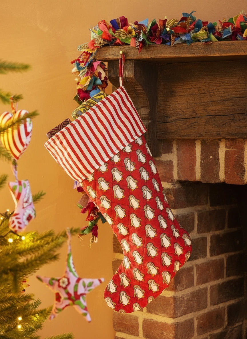 Red Penguin Candy Stripe Stocking
