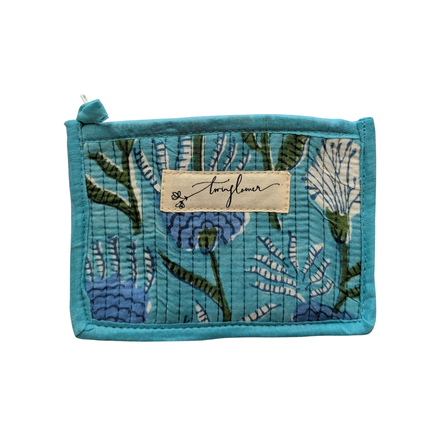 Aqua Floral Block Print Quilted Small Pouch