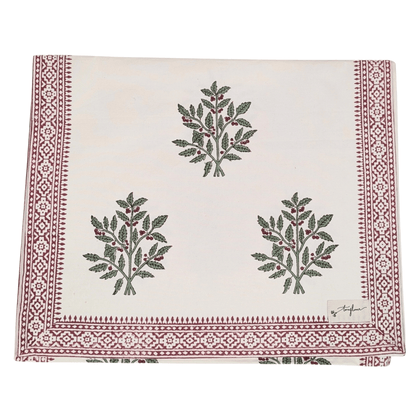 Christmas Holly Block Printed Cotton Table Runner 45x150cm