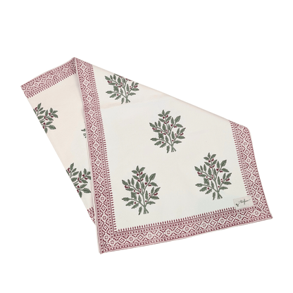 Christmas Holly Block Printed Cotton Table Runner 45x150cm