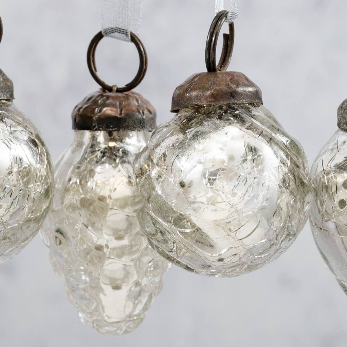 Set of 6 Small Mixed design 1" Silver Crackle Glass Baubles