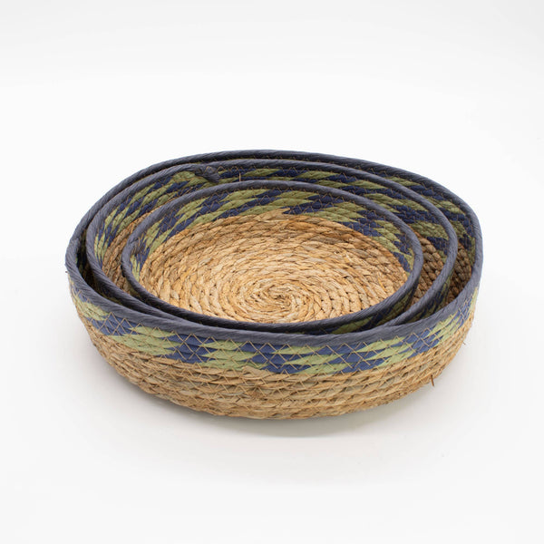 Natural Green & Blue Seagrass Tray Basket Nesting Set