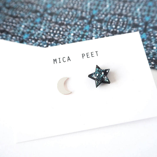 Moon & Star Mismatched Stud Silver Earrings