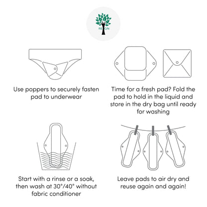 Reusable Sanitary Pads 6Pk - 3 Sizes Available