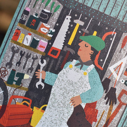 Guy in Shed Cut Out Card