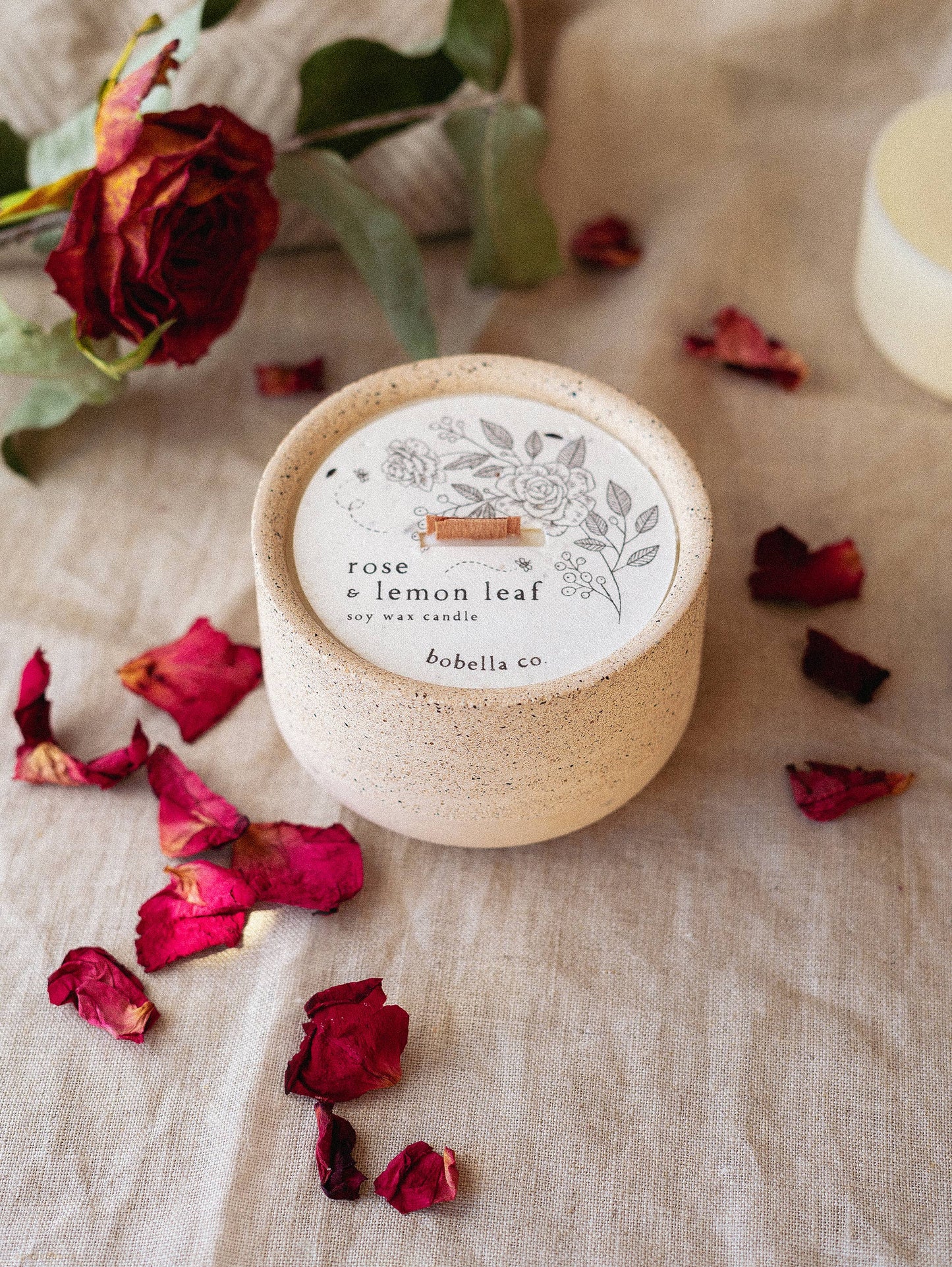 Rose & Lemon Leaf Soy Wax Candle in ceramic pot